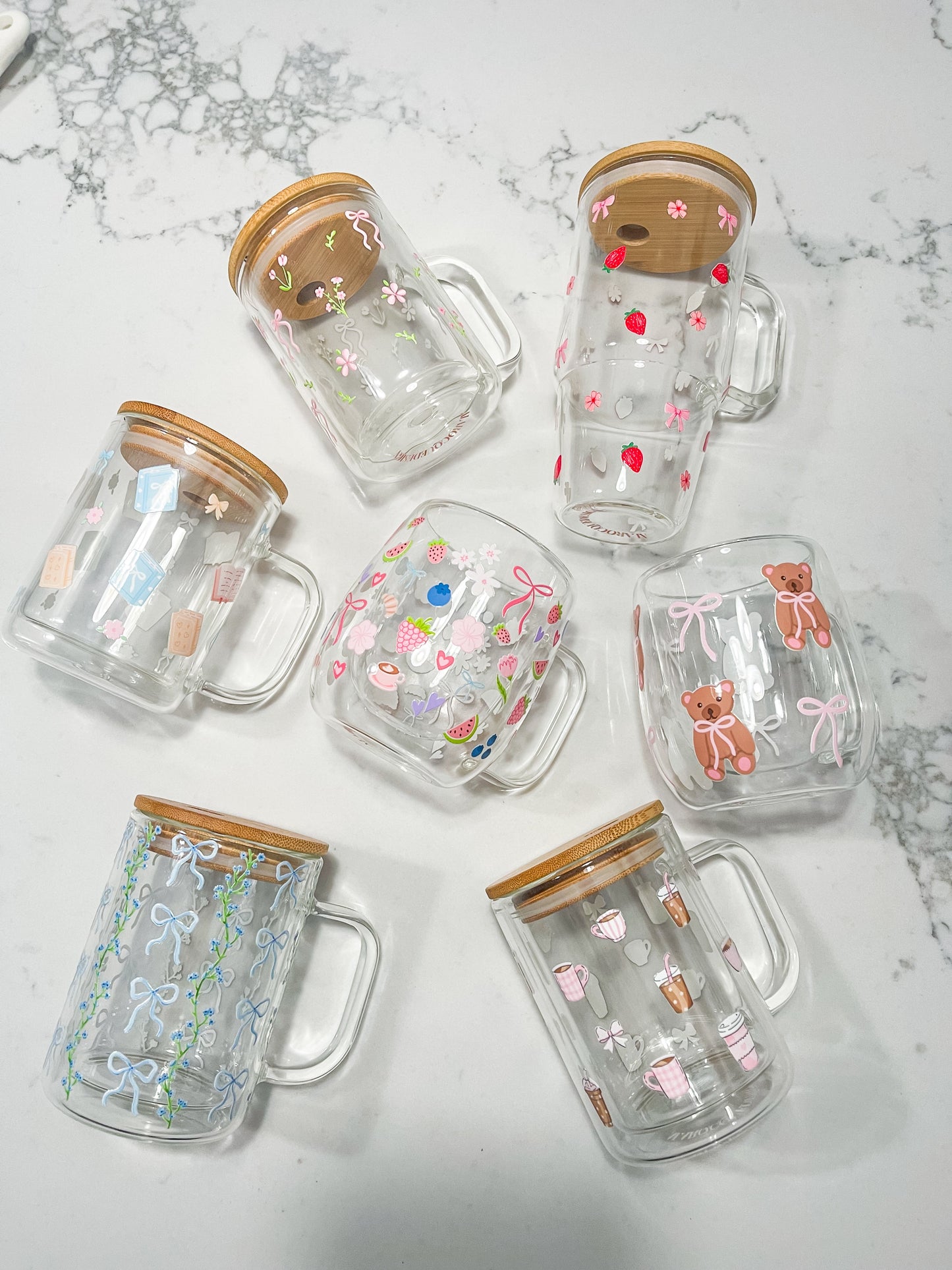 Tasse 15 oz | Verre | Boucles et tiges fleuries bleues