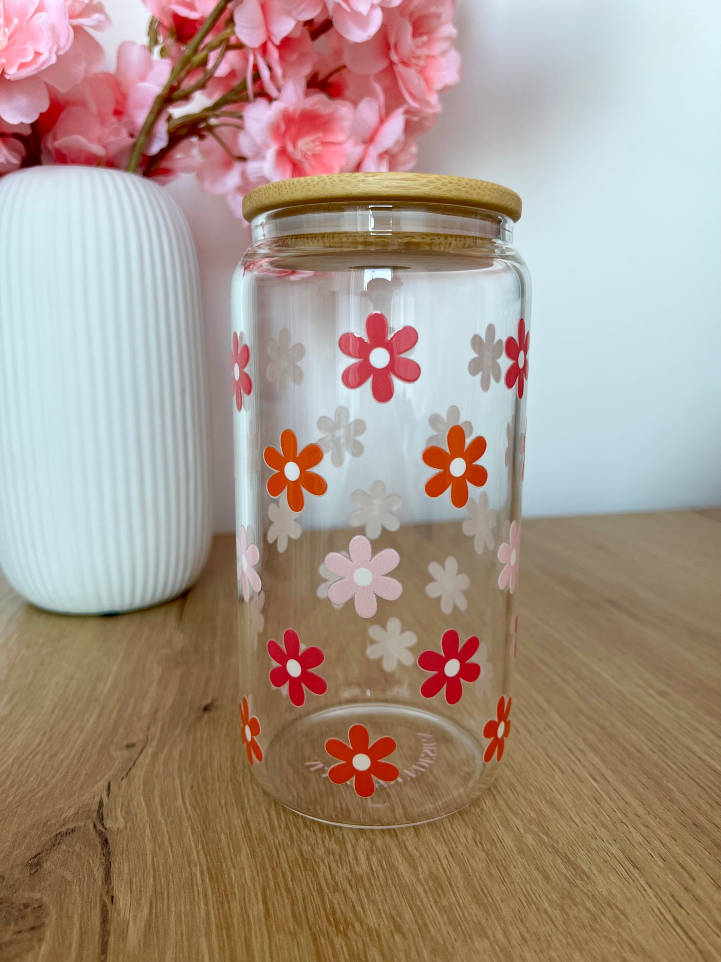 16 oz Glass | Pink and Orange Flowers