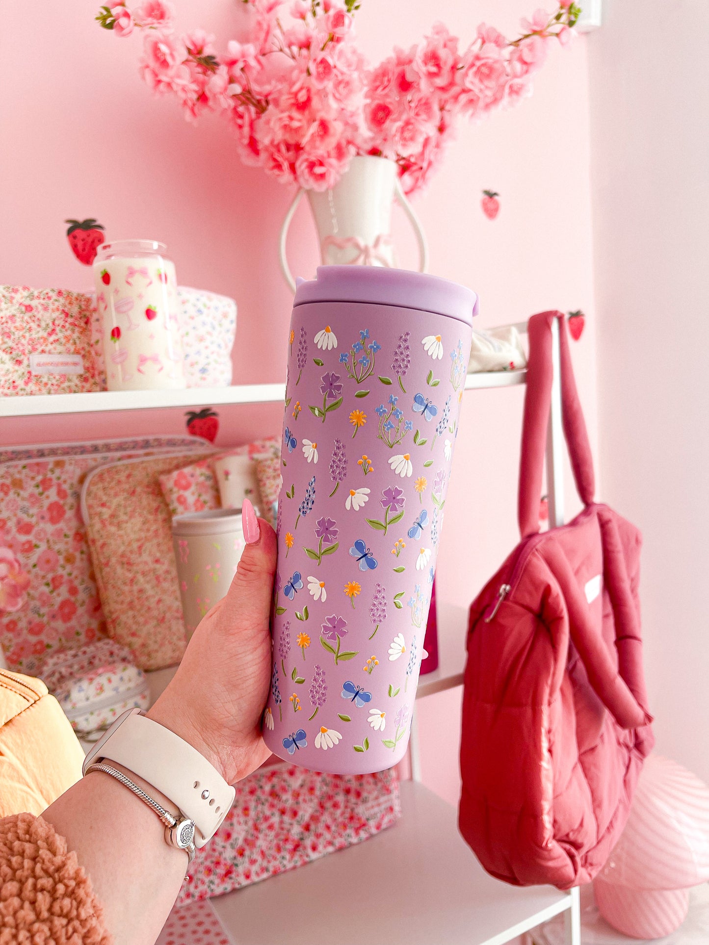 Bouteille isotherme 24 oz | Mauve | Printemps | Champs de fleurs et papillons