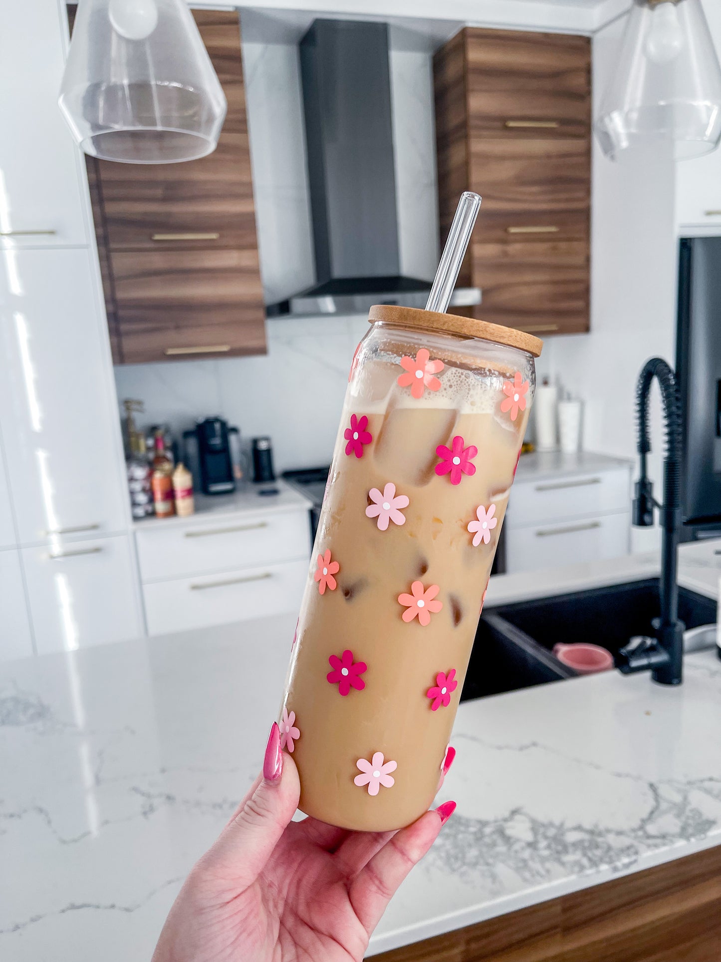 16 oz Glass | Pink and Orange Flowers