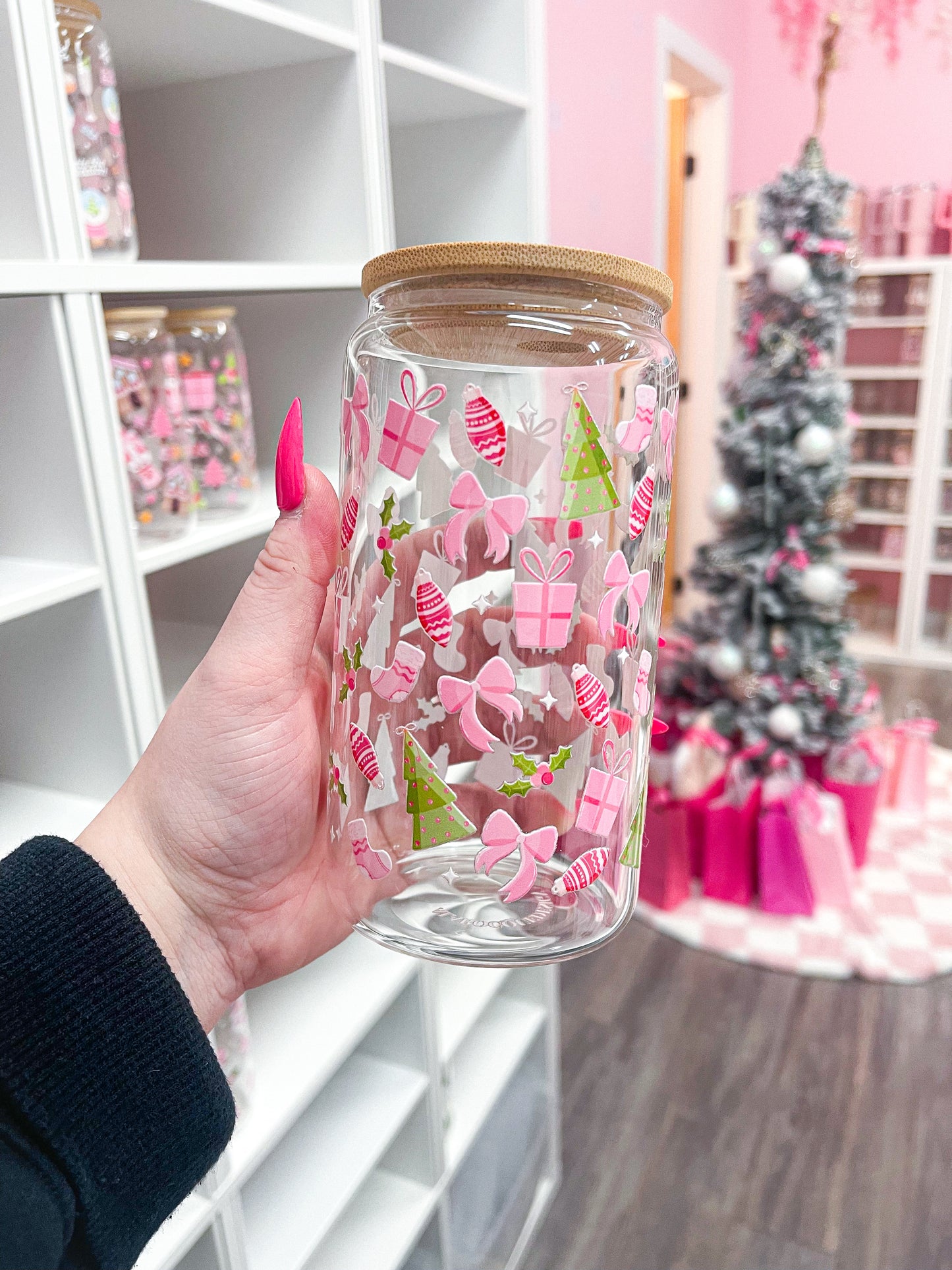 16 oz Glass | Christmas | Pink Christmas and Trees
