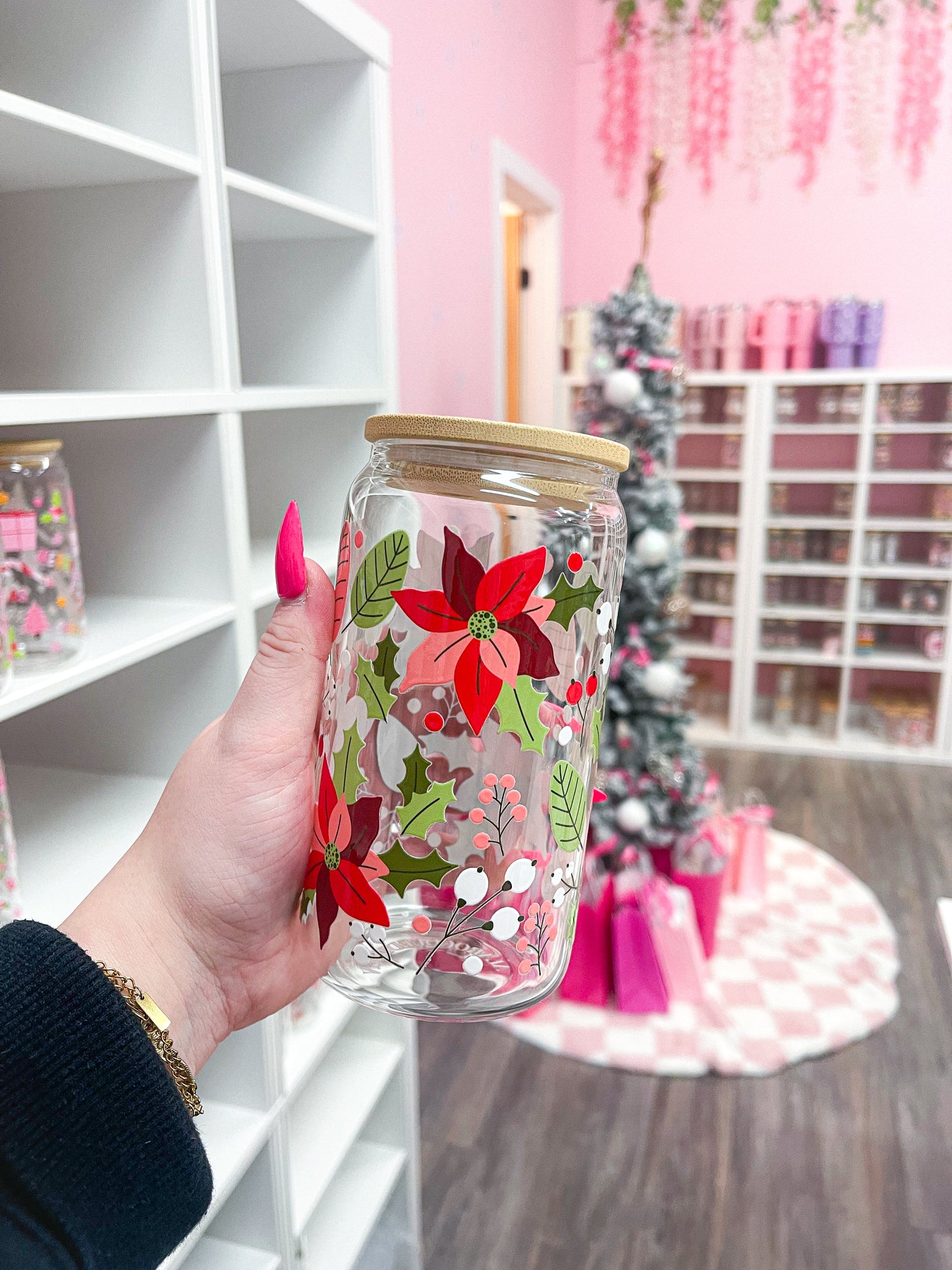 16 oz Glass | Christmas | Poinsettias