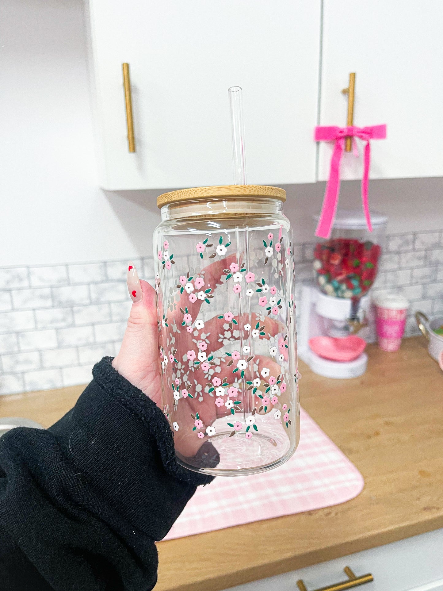 Verre 16 oz | Minis fleurs roses et blanches