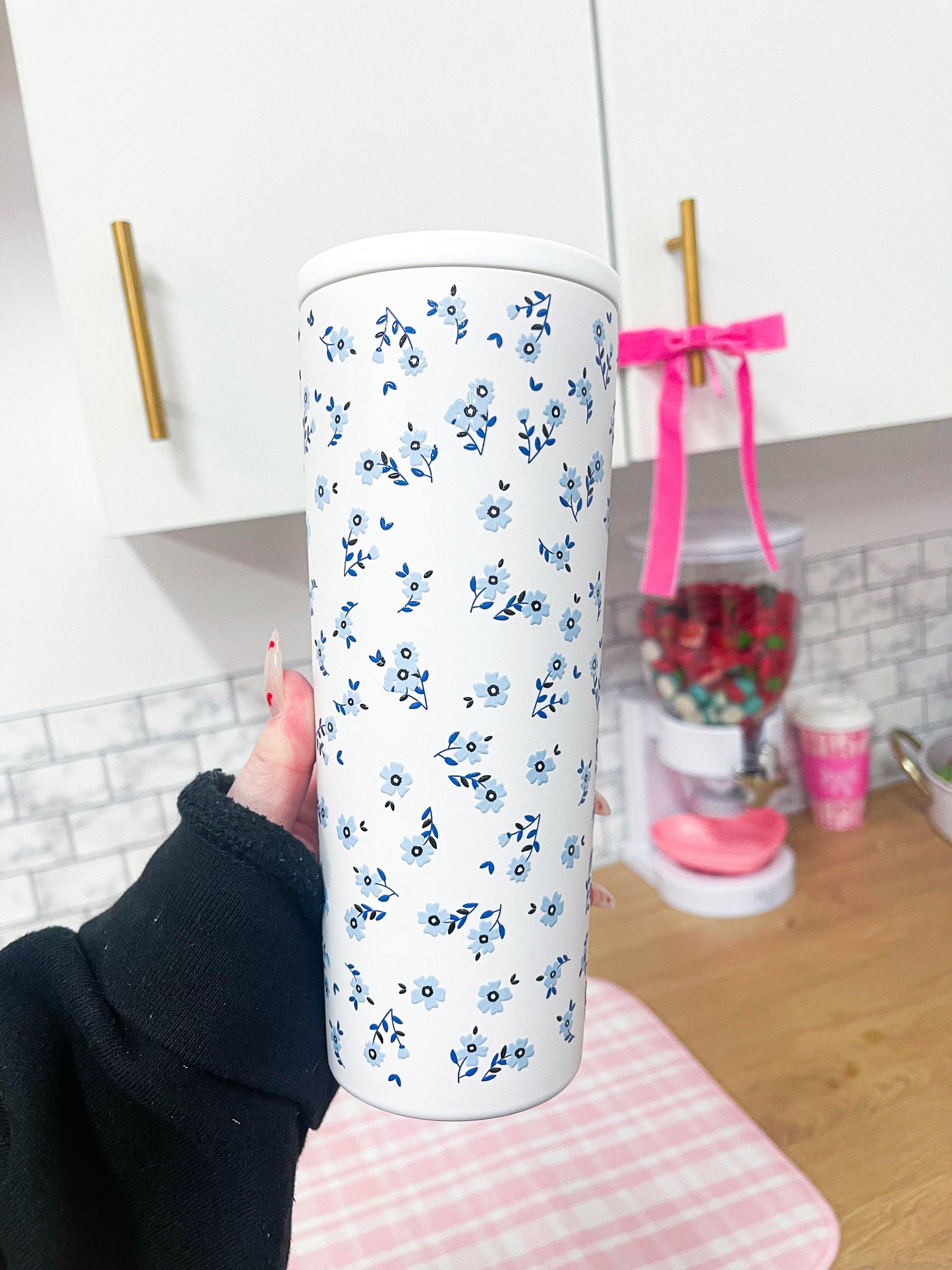 Bouteille isotherme 24 oz | Blanche | Fleurs mélange de bleus