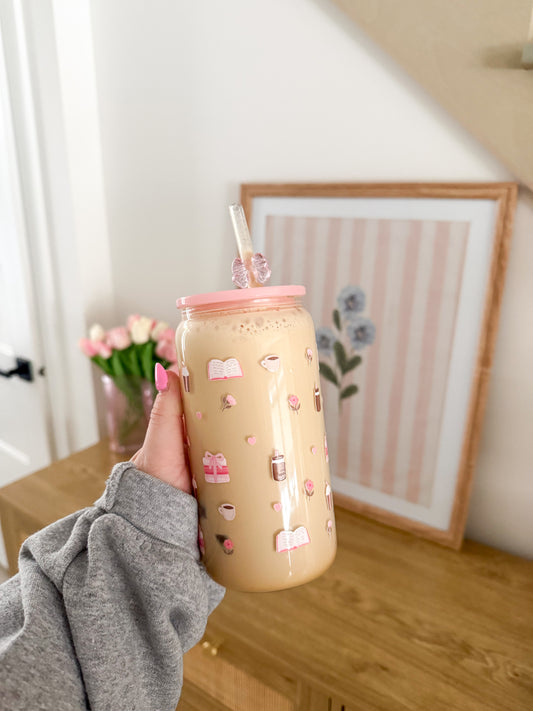 16 oz Glass | Books, Coffee and Roses