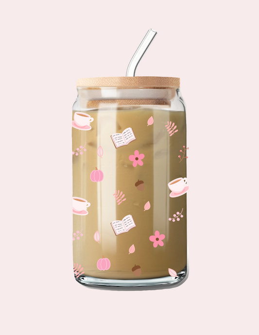 Verre 16 oz | Automne | Livres, cafés et citrouilles