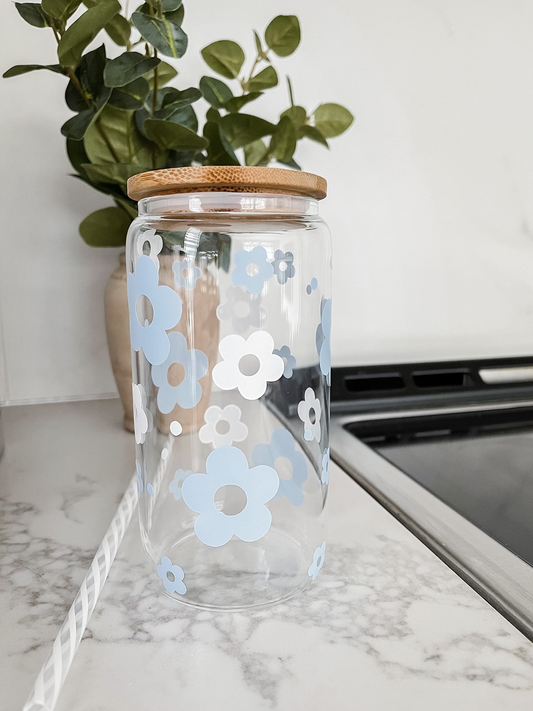 16 oz Glass | Blue and White Flowers