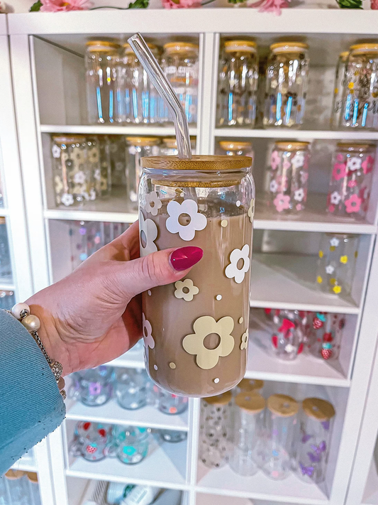 16 oz Glass | Beige and White Flowers