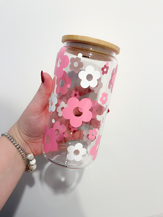 16 oz Glass | Dark Pink and White Flowers