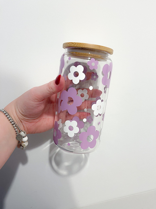16 oz Glass | Purple and White Flowers