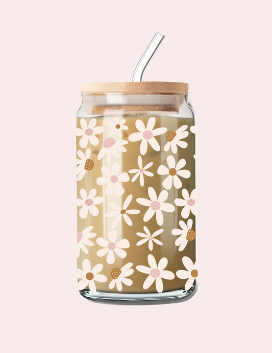 Verre 16 oz | Automne | Fleurs beiges et brunes