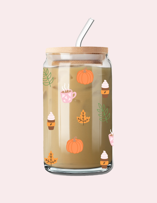 Verre 16 oz | Automne | Citrouilles, cafés et feuilles