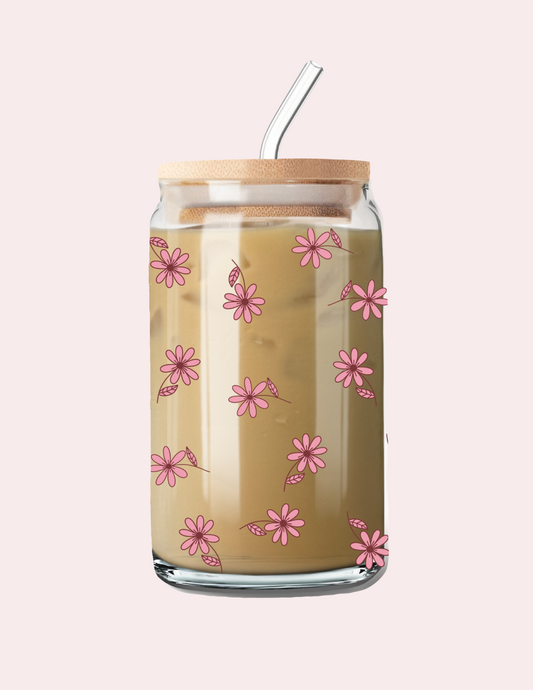 Verre 16 oz | Automne | Fleurs fuchsia neutres