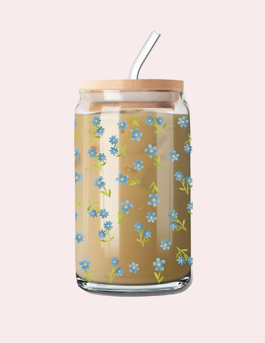 Verre 16 oz | Automne | Fleurs bleues vintages