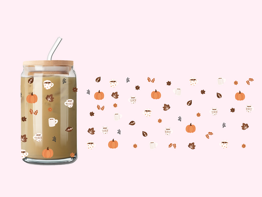 Verre 16 oz | Automne | Citrouilles, cafés et feuilles neutres