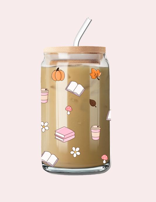 Verre 16 oz | Automne | Livres, cafés et feuilles