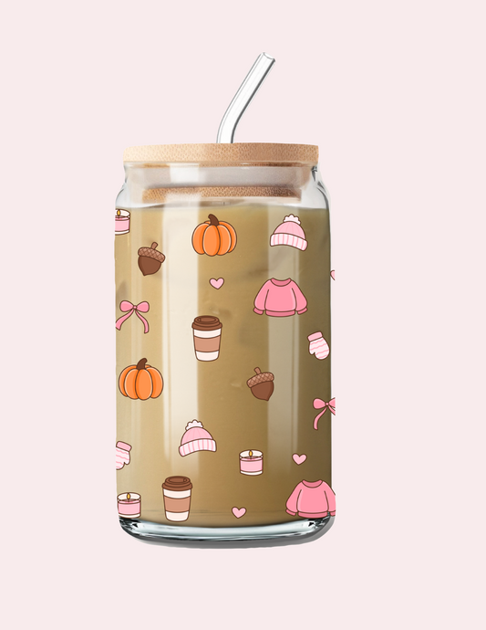 Verre 16 oz | Automne | Chandails, citrouilles et cafés