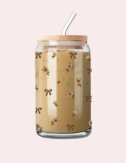 Verre 16 oz | Automne | Fleurs et boucles brunes