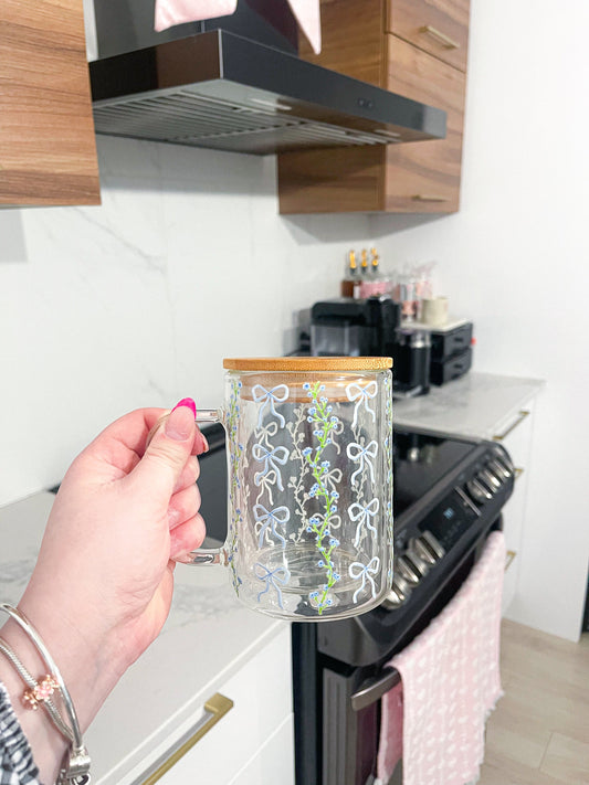 Tasse 15 oz | Verre | Boucles et tiges fleuries bleues