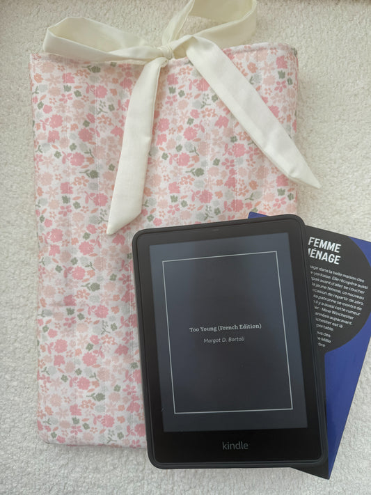 Pochette à livre ou liseuse | Fleurs neutres rosés