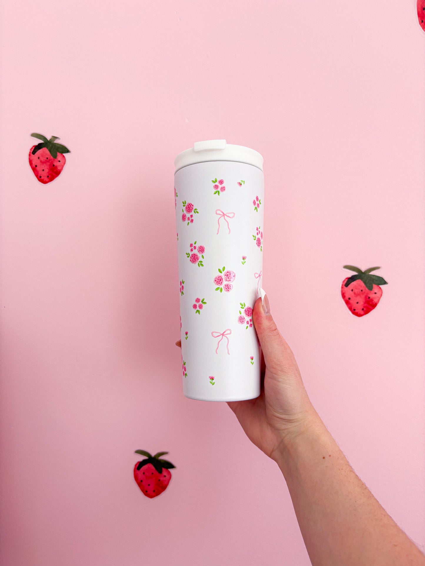 Bouteille isotherme 24 oz | Blanche | Printemps | Bouquets de roses et boucles