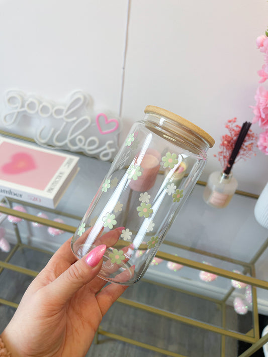 16 oz Glass | Green Flowers