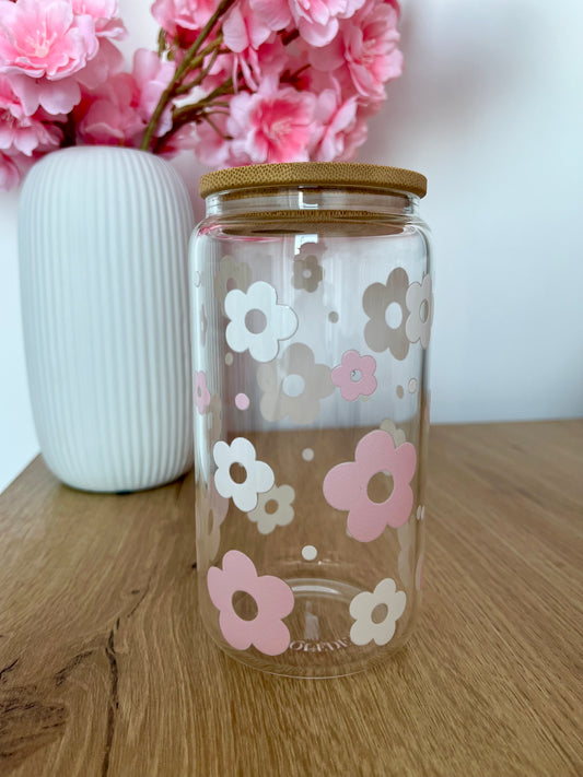 16 oz Glass | Pink and White Flowers