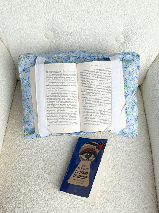 Coussin de lecture | Bleu - Multiple fleurs blanches et roses