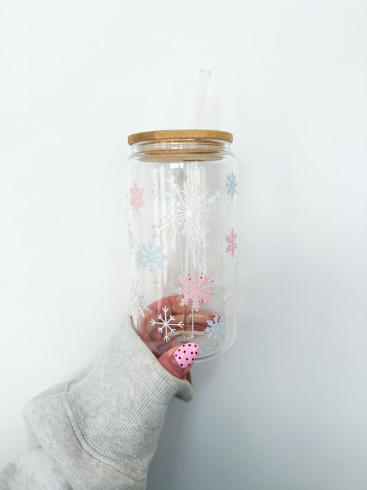 16 oz Glass | Christmas | Pink, Blue, and White Snowflakes