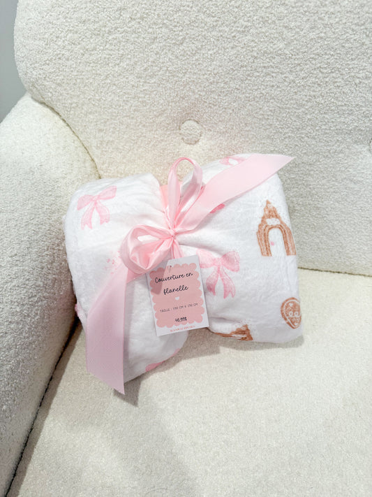 Couverture en flanelle | Maisons pains d'épices, sapins roses et boucles