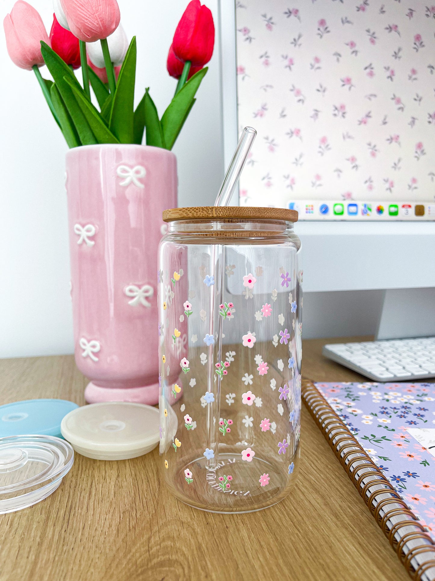 16 oz Glass | Spring | Colorful flowers in blue, pink, mauve, and fuchsia