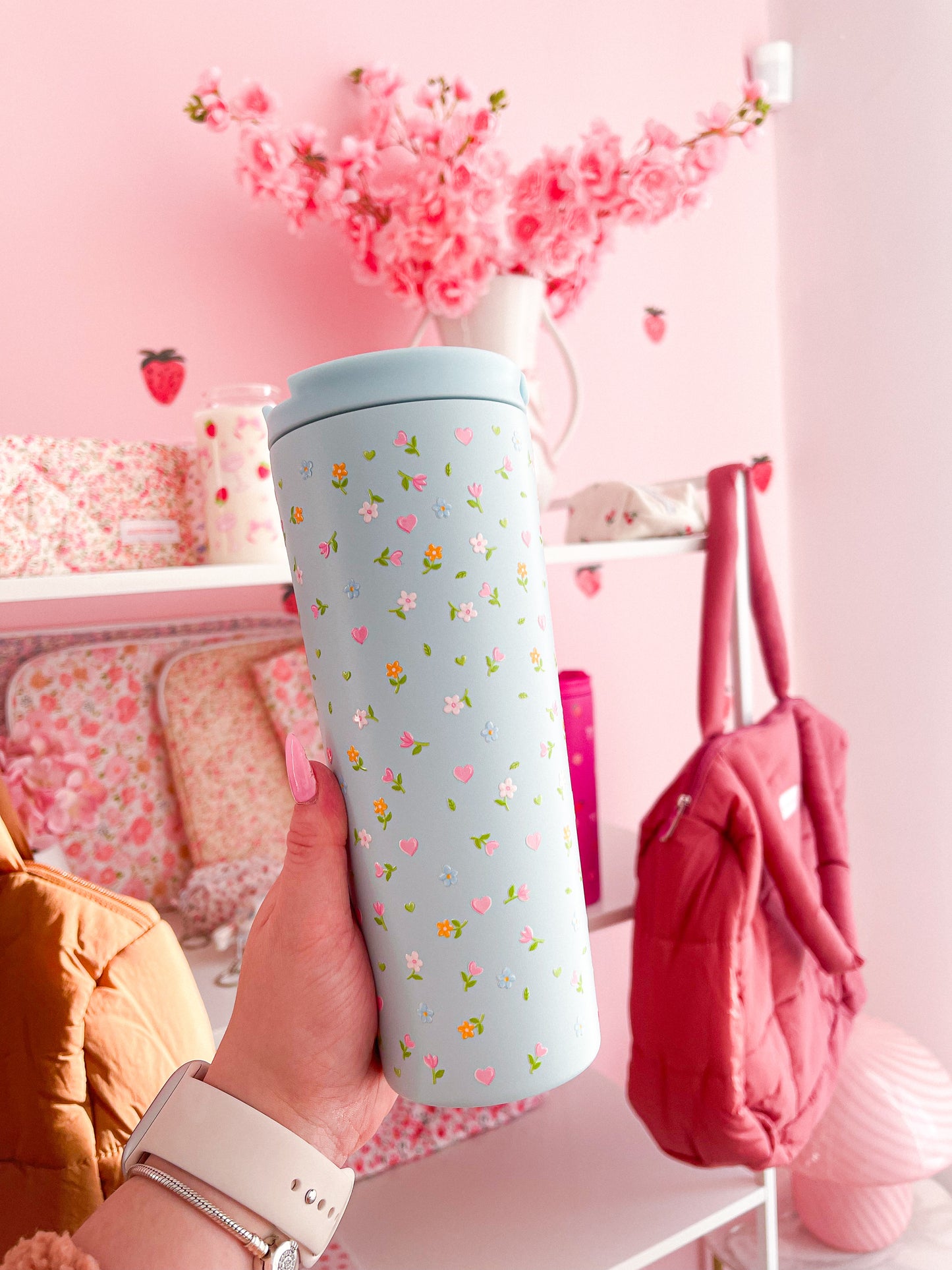 Bouteille isotherme 24 oz | Bleue | Printemps | Fleurs printanières et cœurs