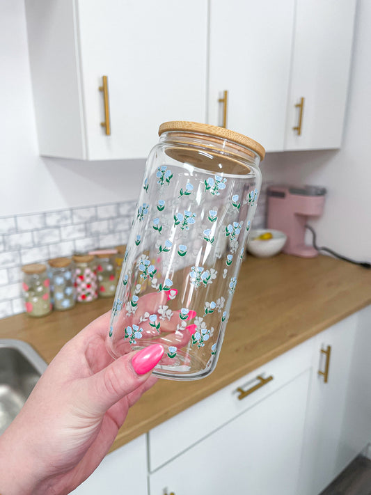 16 oz Glass | Blue Flowers