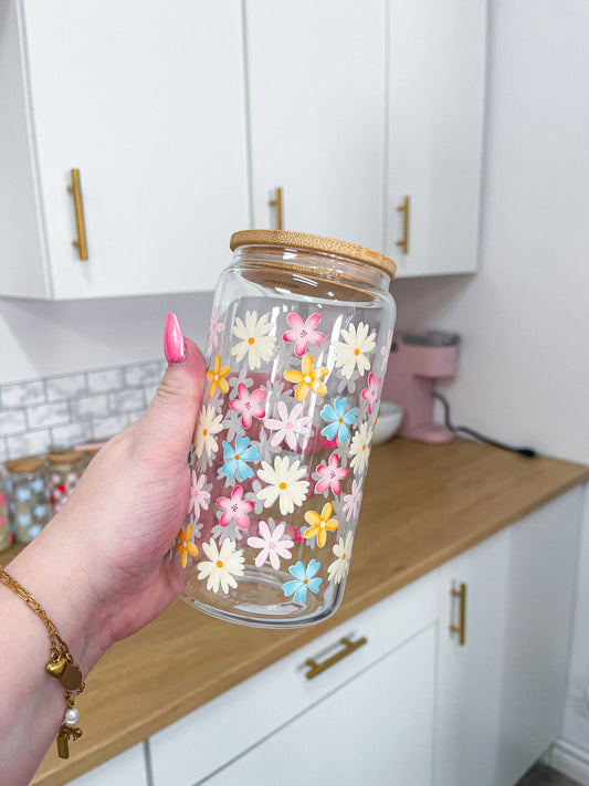 16 oz Glass | Yellow, Pink and Blue Flowers