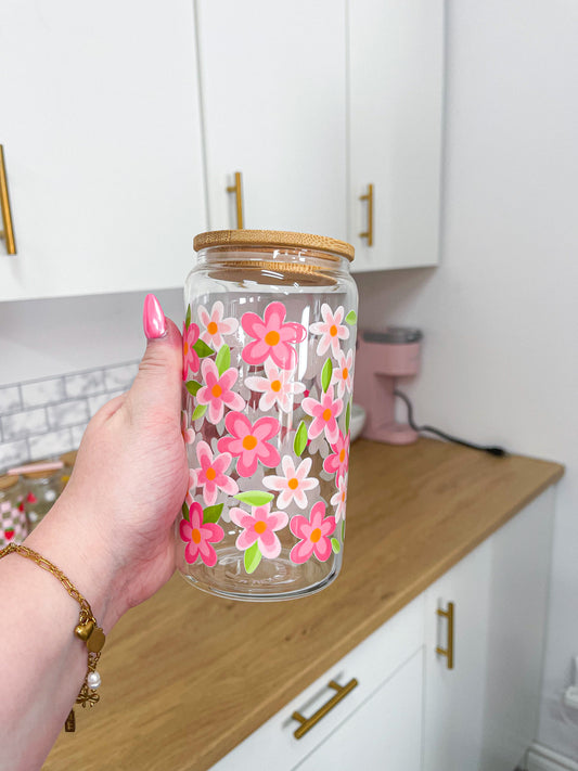 16 oz Glass | Fuchsia Flowers and Leaves