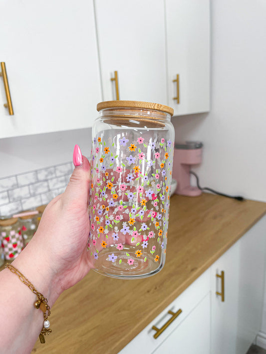 16 oz Glass | Purple and Orange Flowers