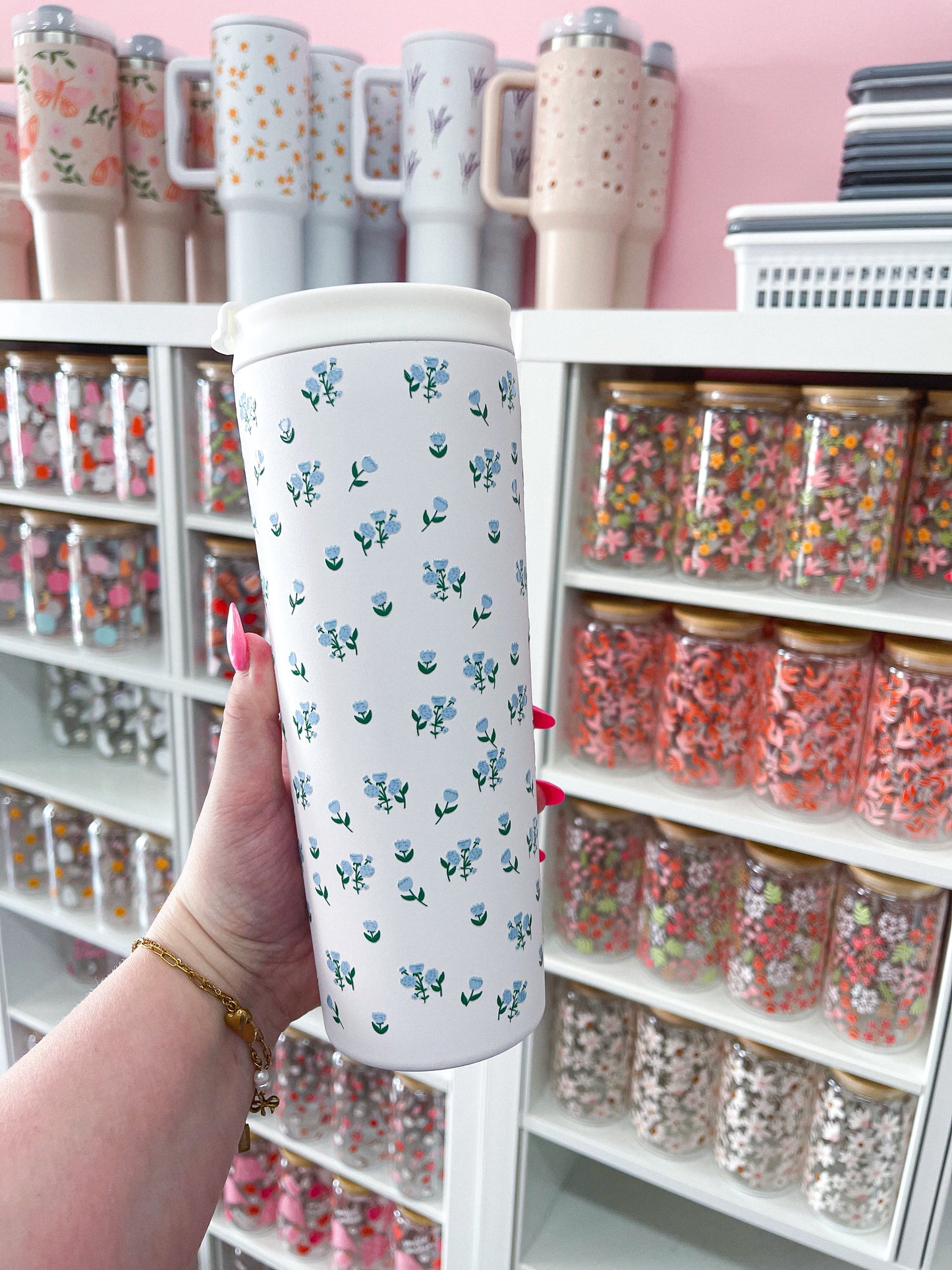 Bouteille isotherme 24 oz | Blanche | Fleurs bleues