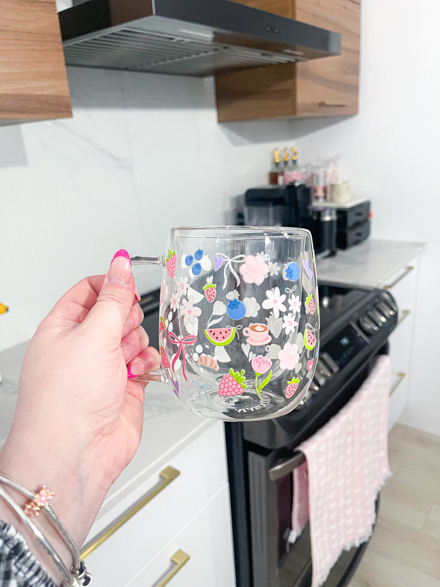 Double Wall Glass Coffee Mug - Flower Bouquet