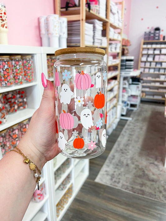 Verre 16 oz | Automne | Fantômes, citrouilles et fleurs
