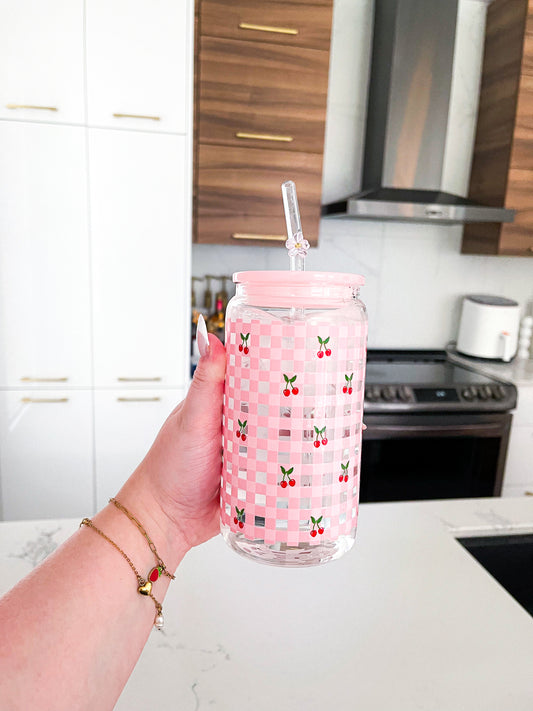 Verre 16 oz | Quadrillé rose et cerises