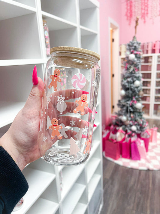 16 oz Glass | Christmas | Gingerbread and Pink Candy