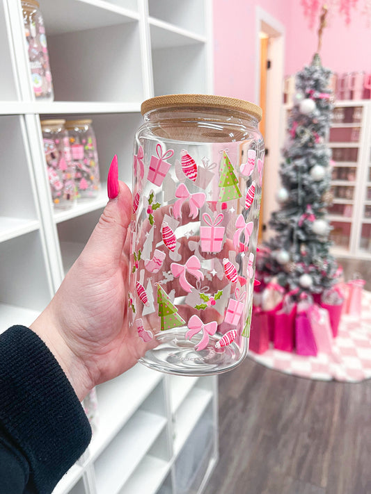 16 oz Glass | Christmas | Pink Christmas and Trees