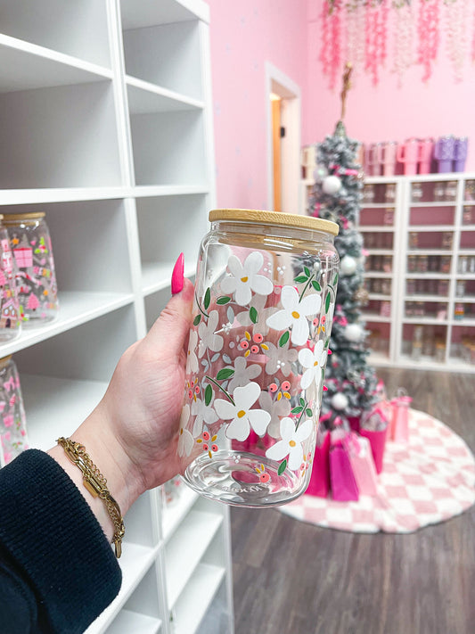 16 oz Glass | Christmas | White Flowers