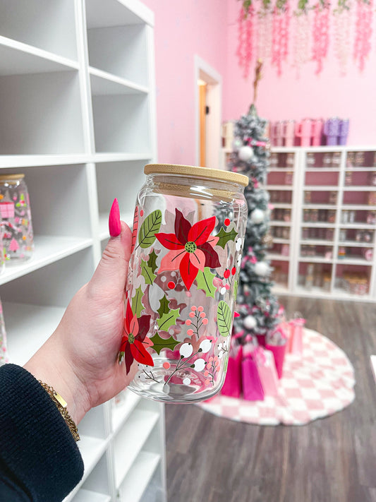 16 oz Glass | Christmas | Poinsettias