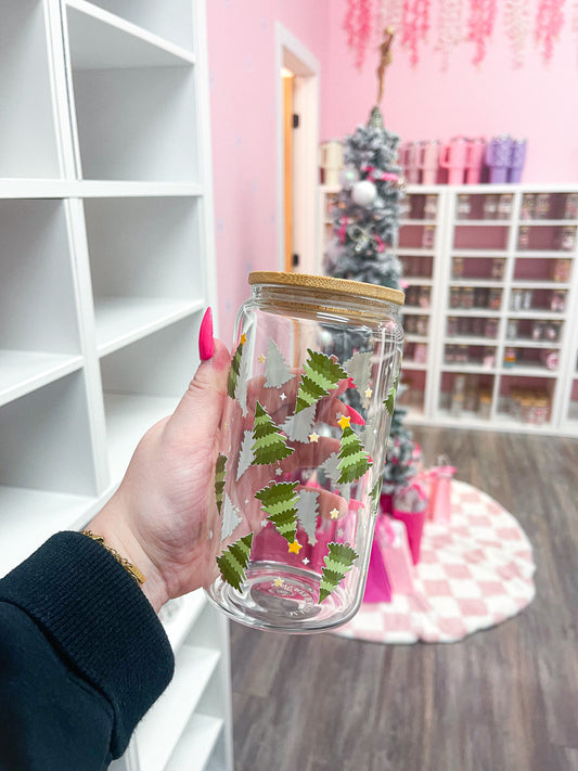 16 oz Glass | Christmas | Green Trees and Stars